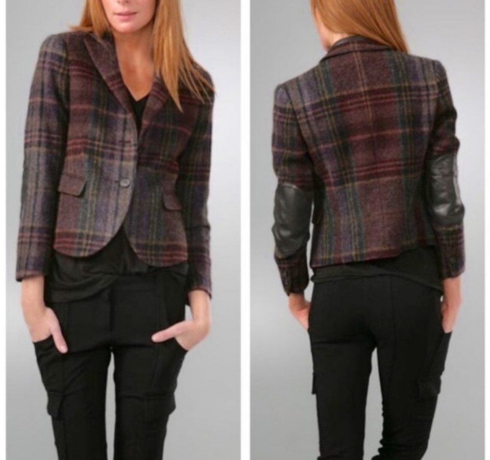 Theory Plaid Samara Lamb swool Alpaca and Leather Blazer Jacket Size 6